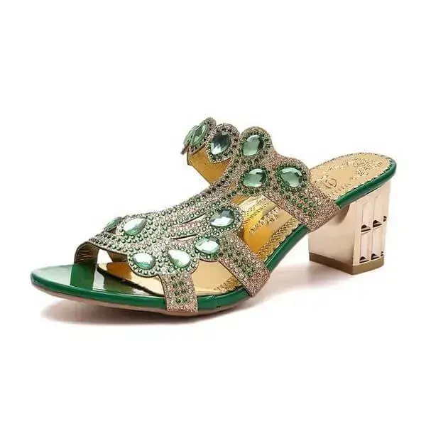 Womens Rhinestone Slippers | Elegant PU Chunky Heel Round Toe Shoes in Beige, Black, Green, Royal Blue