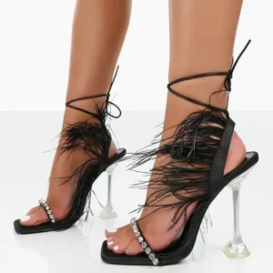 Holterdesigns Women Fashion Sexy Rhinestone Feather Decorative Solid Color High Heel Sandals Shoes