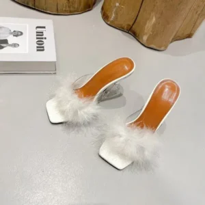Holterdesigns Women Fashion Sexy Feather Decoration Solid Color Chunky High Heel Slippers Shoes