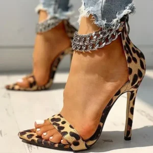 Holterdesigns Women Sexy Metal Chain Buckle Ankle Strap Animal Printed High Heels