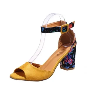 Holterdesigns Women Fashion Sexy PU Floral Printed Peep Toe Chunky Heel Ankle Strap Buckle Sandals