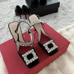 Holterdesigns Women Fashion Elegant PU Square Toe Rhinestone Stiletto Heel Ankle Strap Buckle Sandals